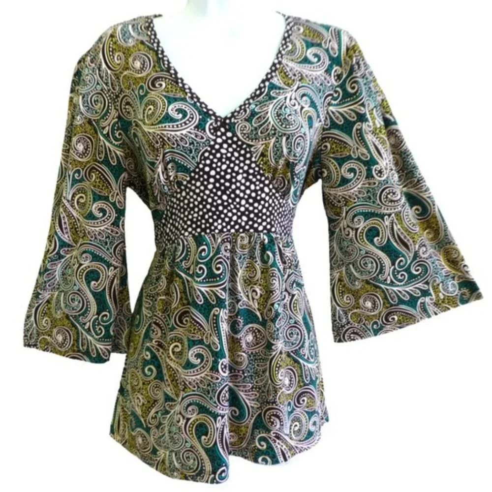 Vintage USA Carole Little Blouse Mixed Contrast Paisley Polka Dot Tie Back L